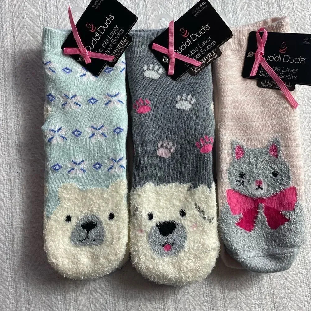 Cuddl Duds Girls 4-10 Ankle Double Layer Slipper Socks Total 6 Pr